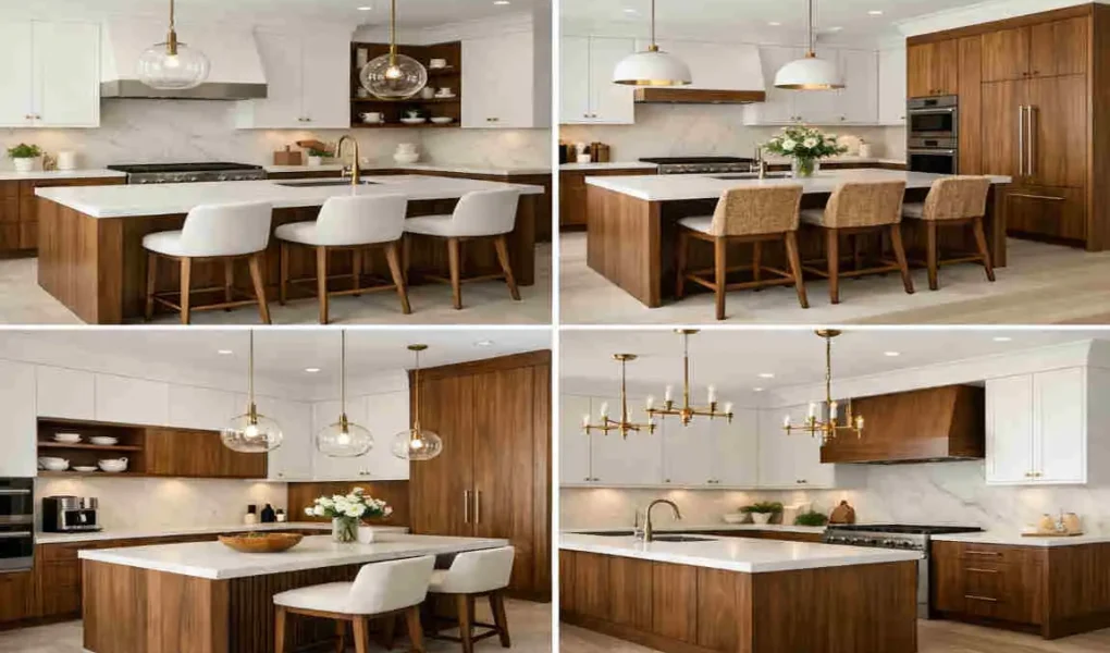 walnut and white kitchen cabinets