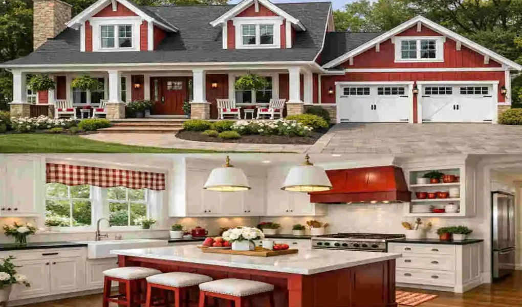 red house and white kitchen