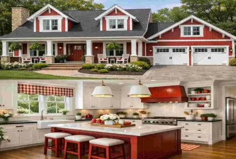 red house and white kitchen