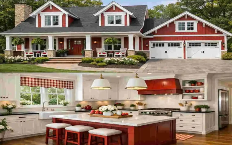 red house and white kitchen