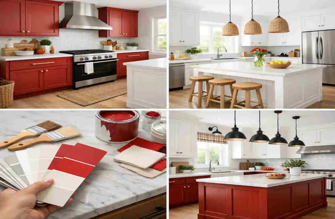 red house and white kitchen