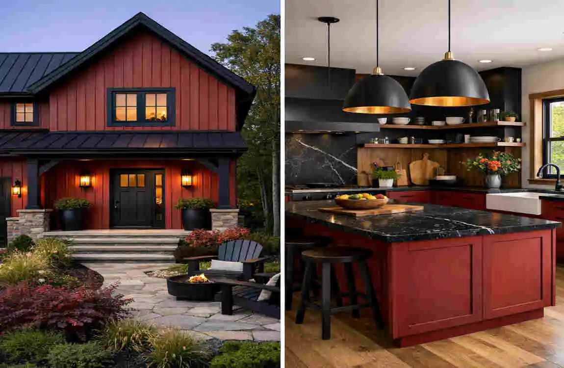 red house and white kitchen