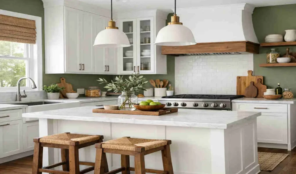 Olive Green Kitchen Walls with White Cabinets: