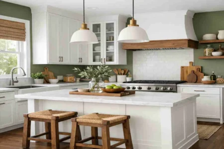 Olive Green Kitchen Walls with White Cabinets: