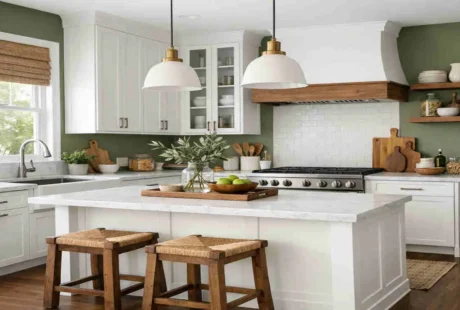 Olive Green Kitchen Walls with White Cabinets: