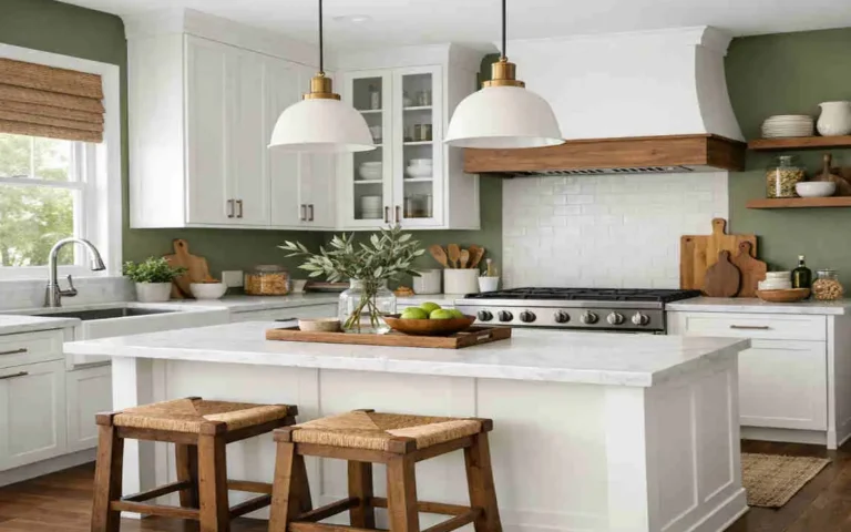 Olive Green Kitchen Walls with White Cabinets: