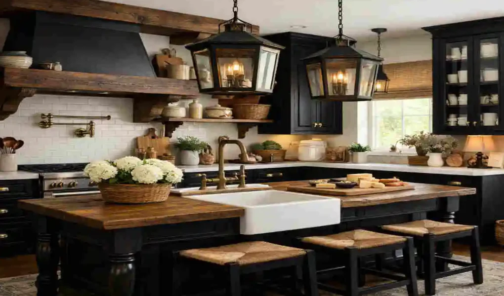 farmhouse kitchen with black cabinets