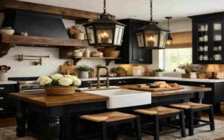 farmhouse kitchen with black cabinets