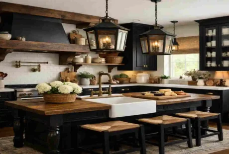 farmhouse kitchen with black cabinets
