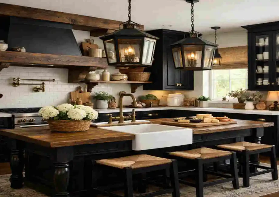 farmhouse kitchen with black cabinets