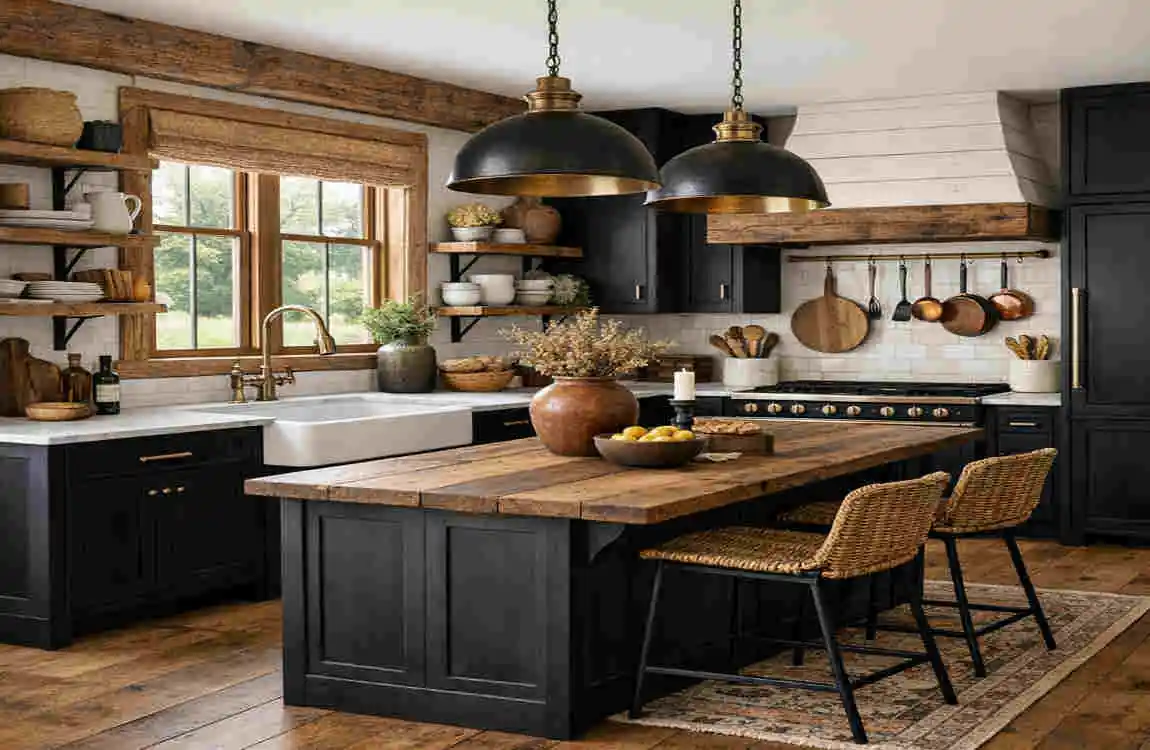 farmhouse kitchen with black cabinets